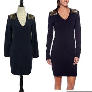 Michael Kors Holiday Black Sweater Gold Shoulder Studs Dress Size M